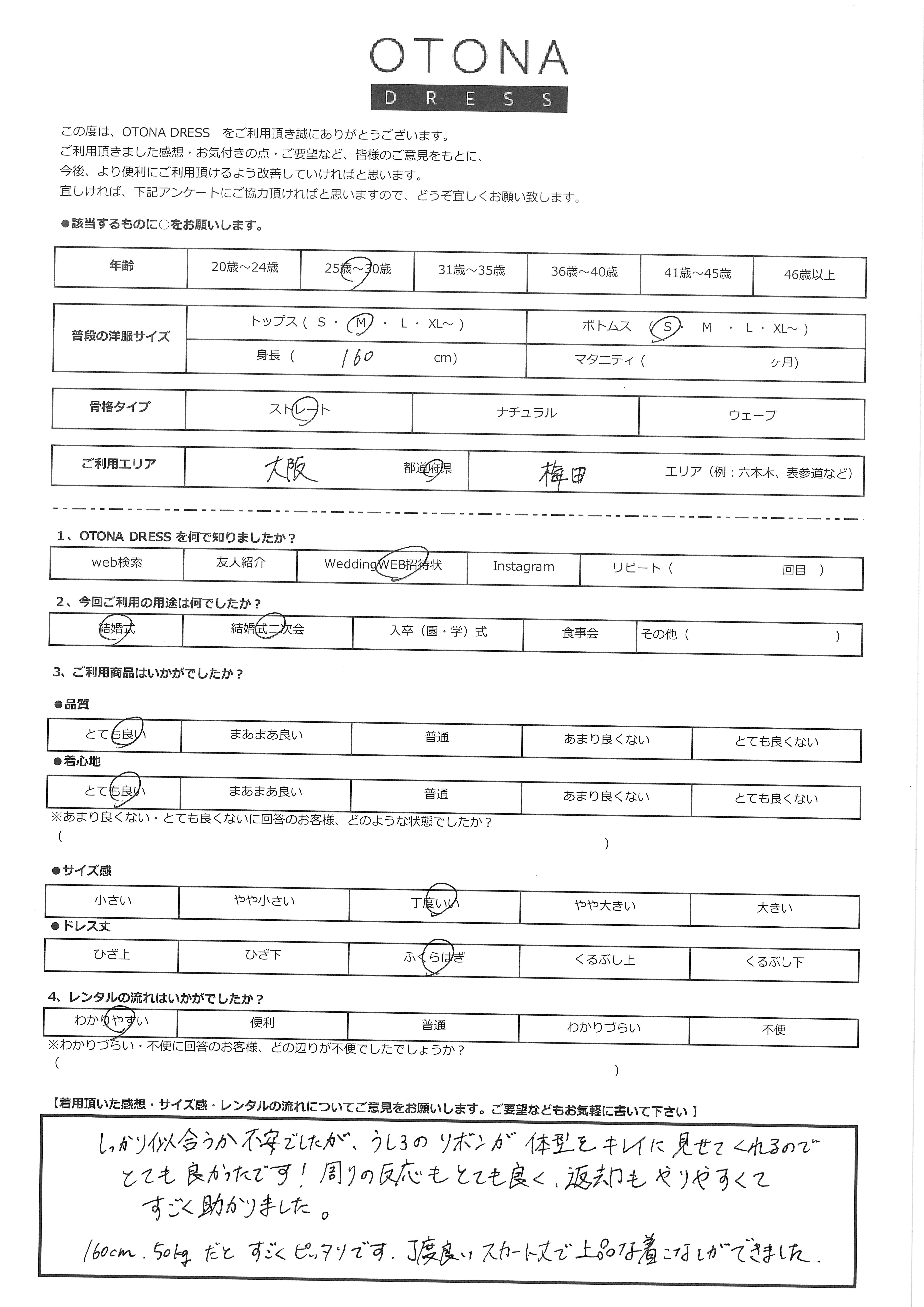 3月22日　結婚式ご利用　大阪府・梅田エリア｜H1-392NA-M（4点セット）