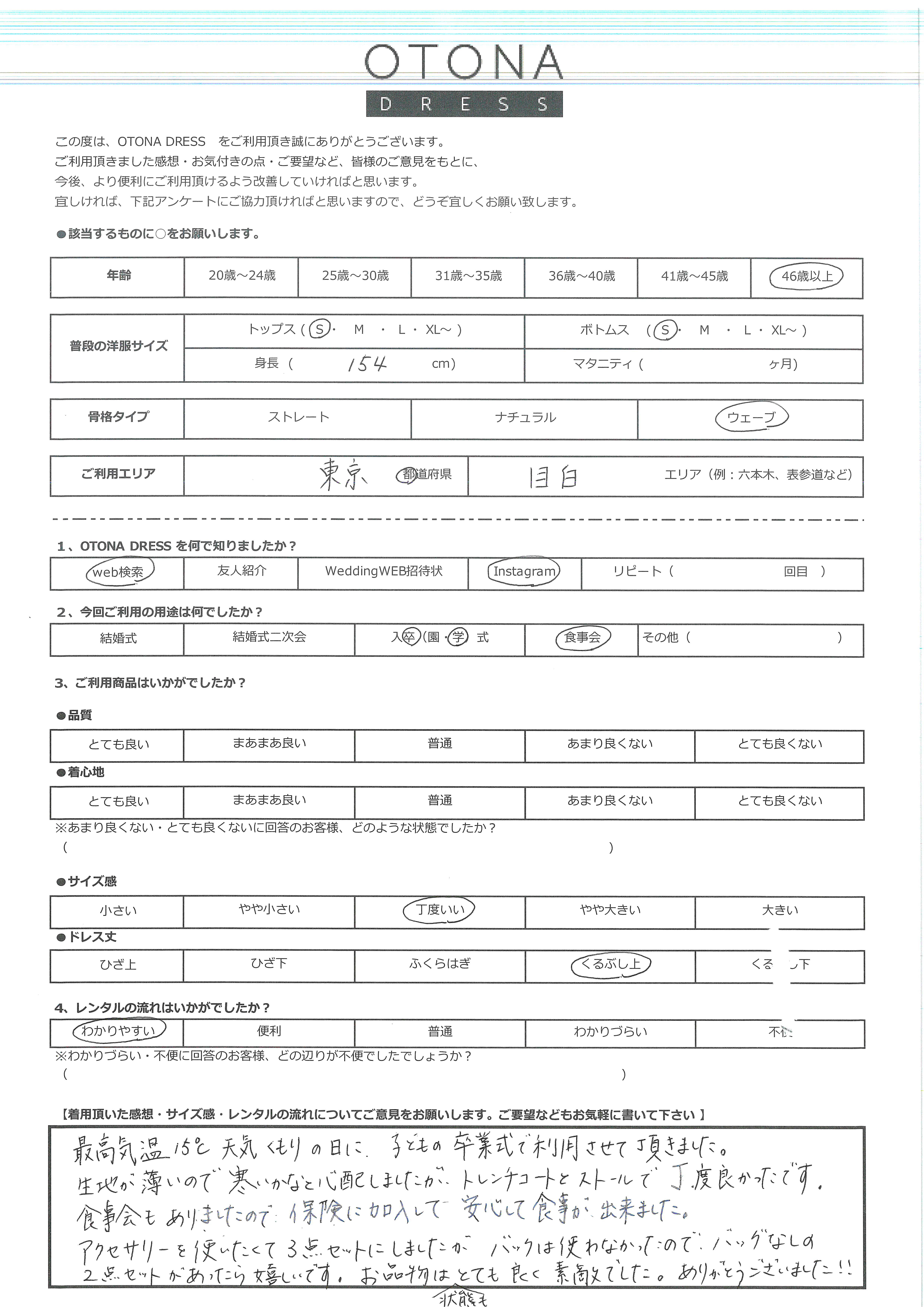 3月22日　入学式,食事会ご利用　東京都・目白エリア｜AB1-426YE-L（4点セット）