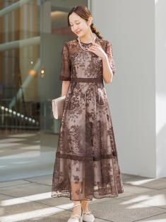 フラワー刺繍フレアドレス(ブラウン)CL1-471BR-M | OTONA DRESS
