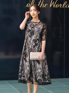 チュール刺繍バックリボンドレス(ブラック)H1-391BL-M