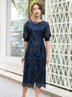 バルーンスリーブ刺繍ドレス(ネイビー)H1-392NA-M