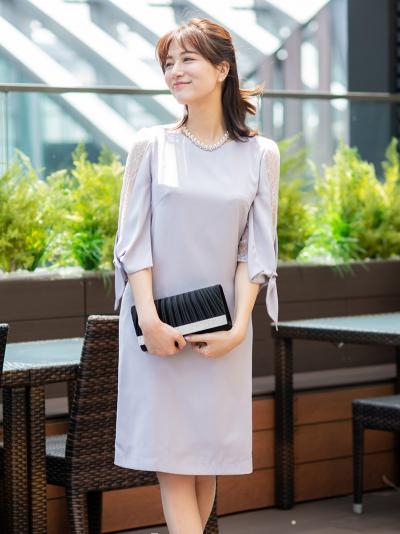 レーススリーブリボンドレス(グレー)CR1-337GRY-L