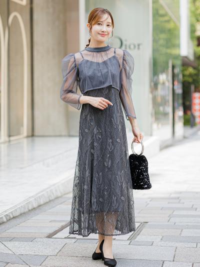 チュールボレロ×レースキャミワンピース (チャコール)AB1-464CHC-S