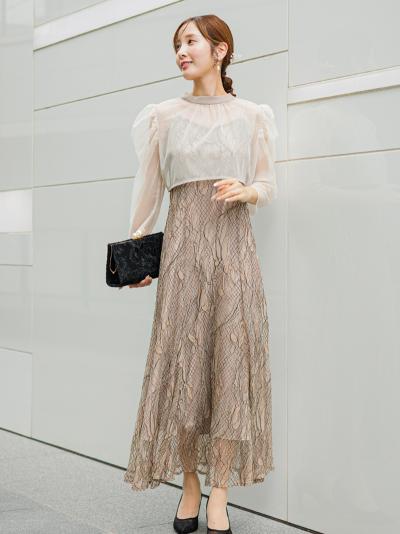 チュールボレロ×レースキャミワンピース (ベージュ)AB1-464BE-S