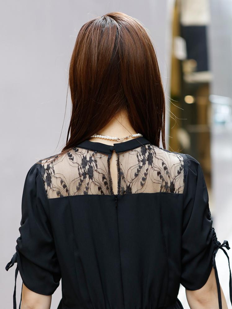 リボン付パフスリーブドレス(ブラック)CR1-412BL-M | OTONA DRESS