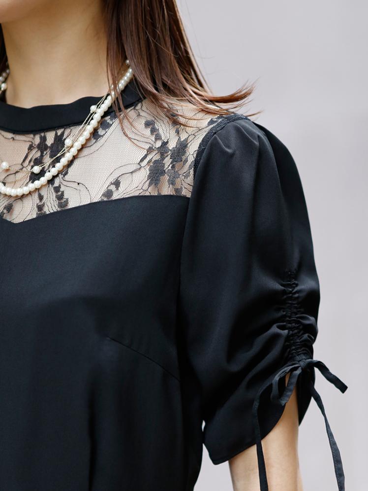 リボン付パフスリーブドレス(ブラック)CR1-412BL-M | OTONA DRESS
