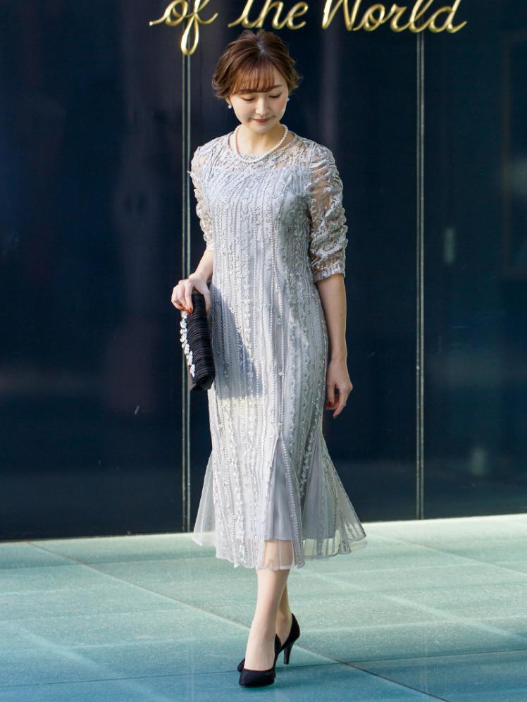 ストライプ刺繍レースドレス(シルバー)H1-428SLV-M | OTONA DRESS