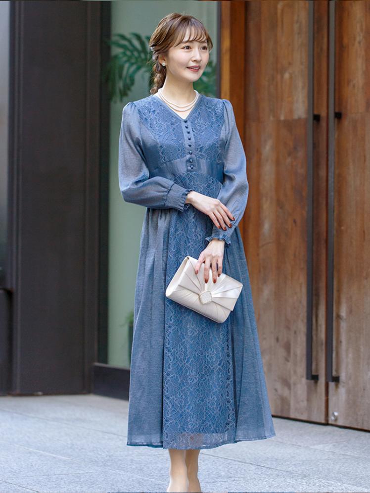 楊柳シフォンレースドレス(ネイビー)H1-429NA-M | OTONA DRESS