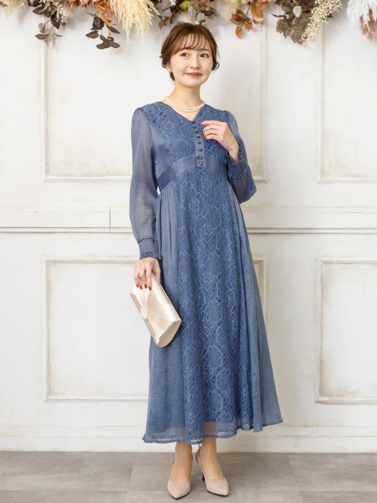 楊柳シフォンレースドレス(ネイビー)H1-429NA-M | OTONA DRESS