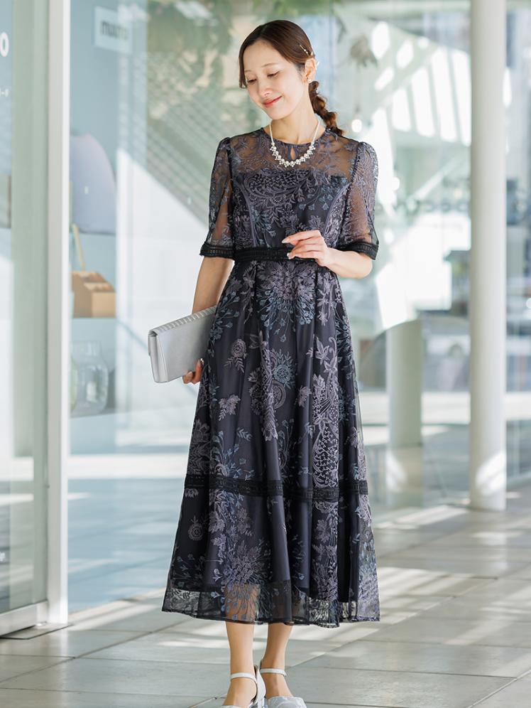 フラワー刺繍フレアドレス(ブラック)CL1-471BL-M 5