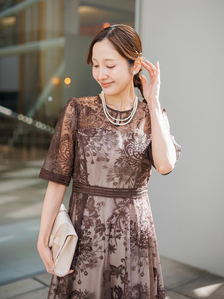 フラワー刺繍フレアドレス(ブラウン)CL1-471BR-L 11