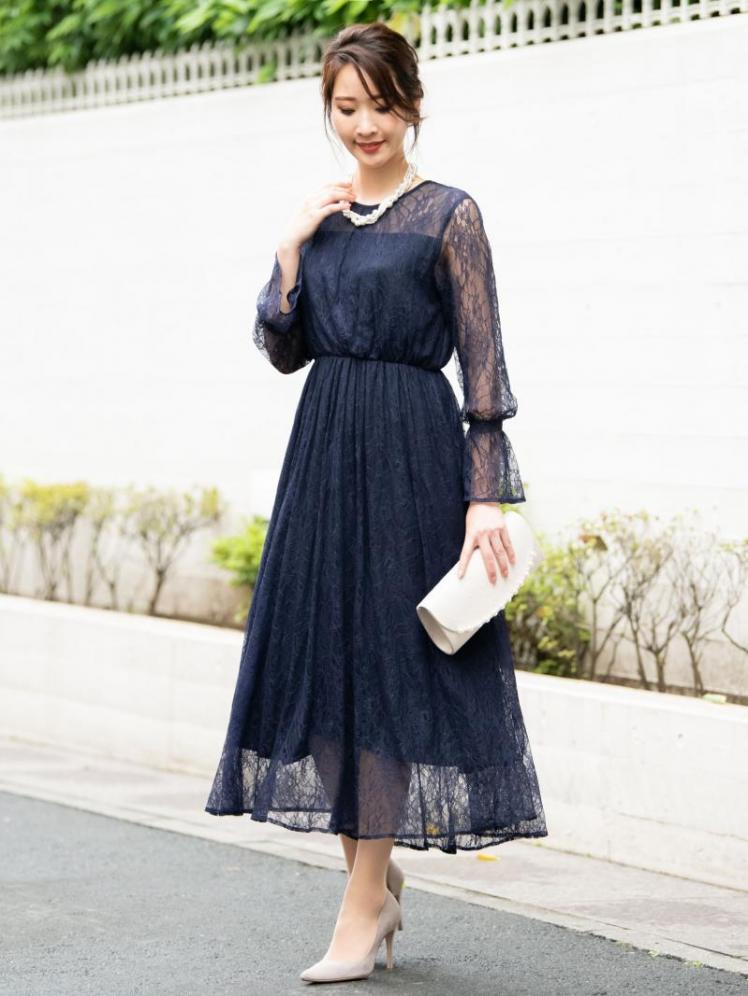 ラッセルレースロングドレス(ネイビー)CR1-325NA-M | OTONA DRESS