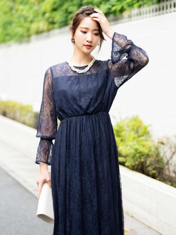 ラッセルレースロングドレス(ネイビー)CR1-325NA-L | OTONA DRESS