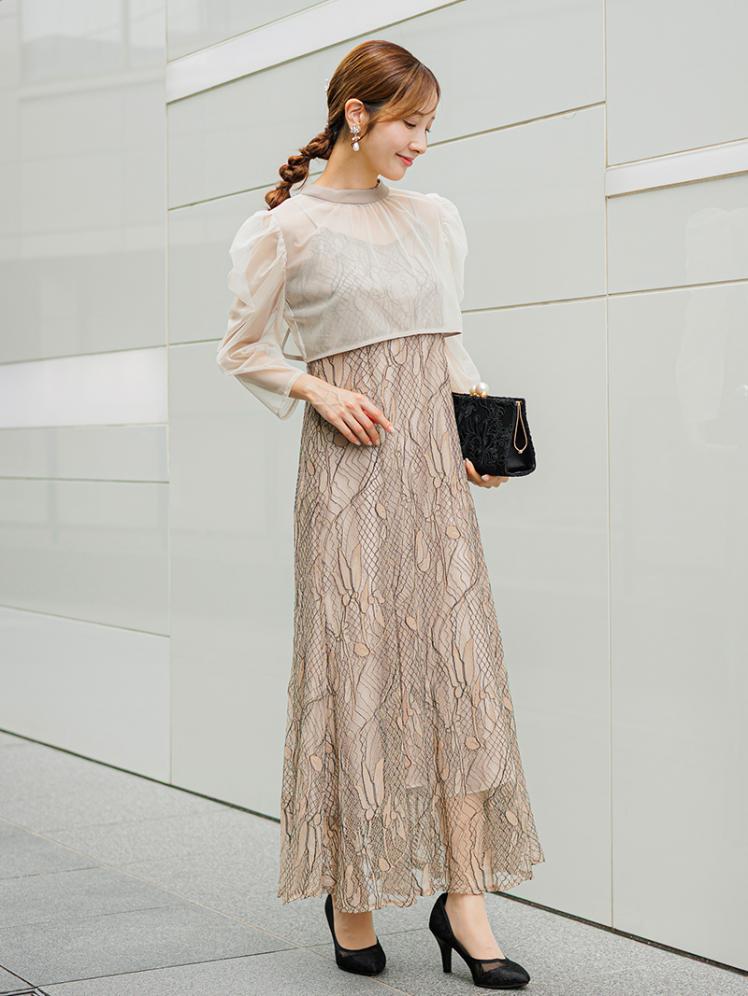チュールボレロ×レースキャミワンピース (ベージュ)AB1-464BE-L 10