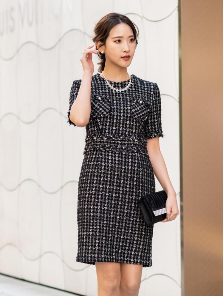 ツイードタイトドレス(ブラック)K1-283BL-M | OTONA DRESS