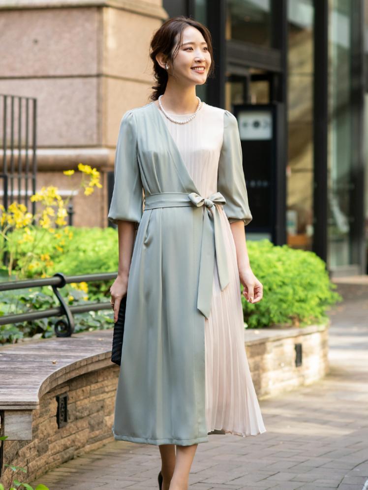 リボン付シフォンプリーツワンピース(グリーン)CR1-390GR-M | OTONA DRESS