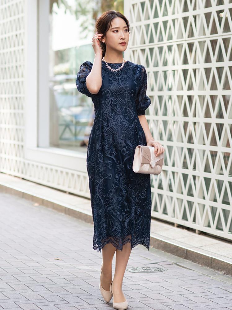 バルーンスリーブ刺繍ドレス(ネイビー)H1-392NA-M | OTONA DRESS