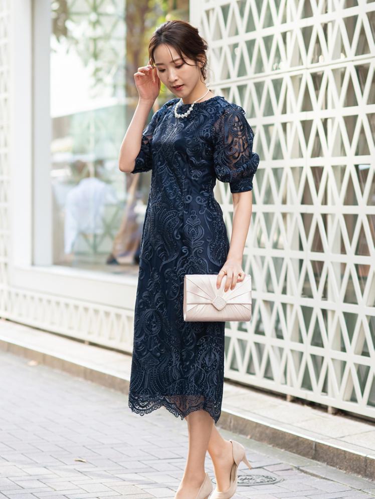 バルーンスリーブ刺繍ドレス(ネイビー)H1-392NA-M 8