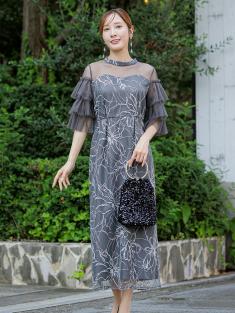 チュールティアードスリーブドレス(チャコールグレー)CR1-462C-GRY-L